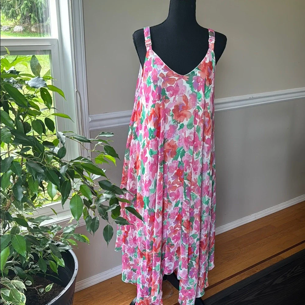Nina Leonard Sleeveless Floral Print Chiffon Uneven Hem Dress‎ Women’s Size XL